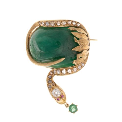 Pregadeira ouro amarelo cabochon esmeralda rubi diamante