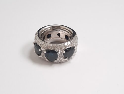 Anel ouro branco diamante safira